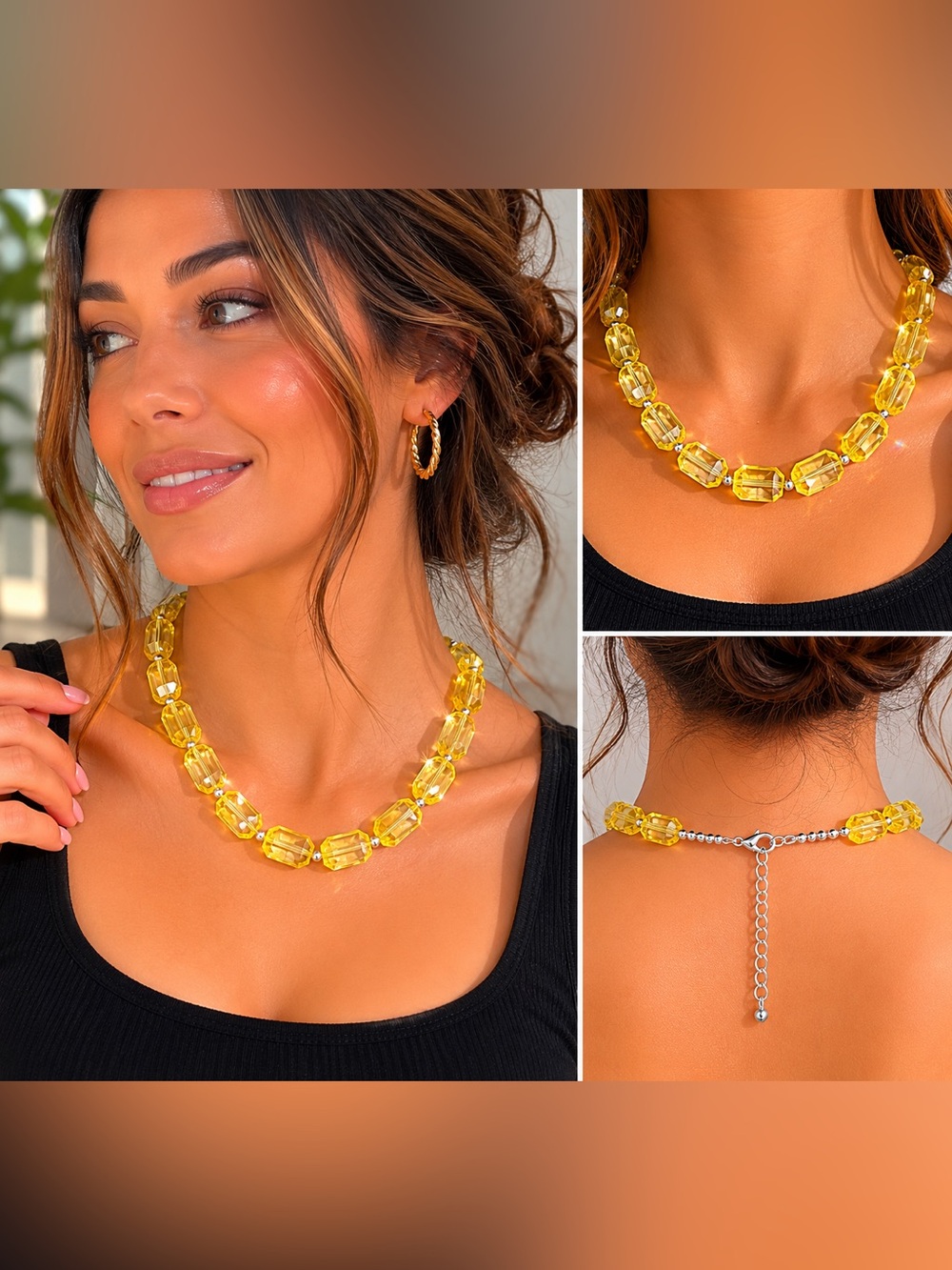 Vintage Yellow Lucite Faceted Bead Necklace Adjustable 21" Statement Jewelry